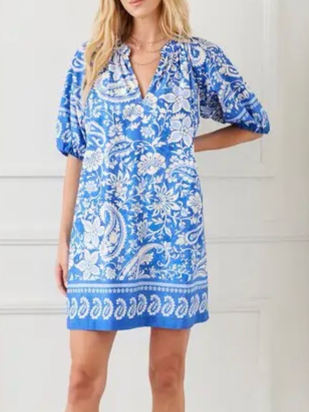 Karen Kane Blue and White Floral Paisley Shift Dress